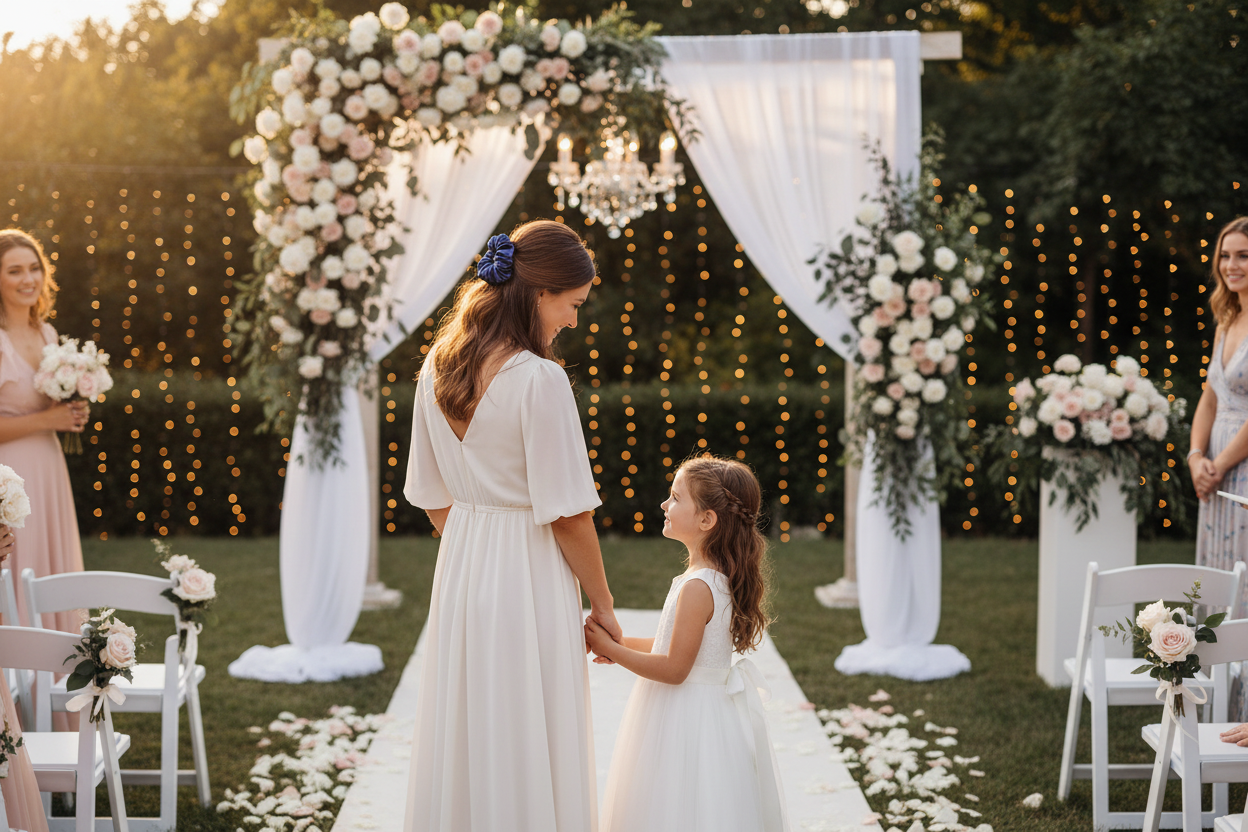 this scrunchie wearing a woman and standing in someone's wadding with littel girl