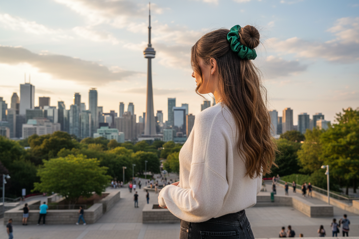 wearing Green XXL silk satin scrunchie in hair 