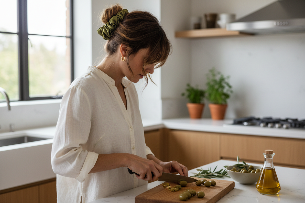 woman wearing #3E3C13 color xxl silk satin scrunchie, background cuting ilive in kithcen