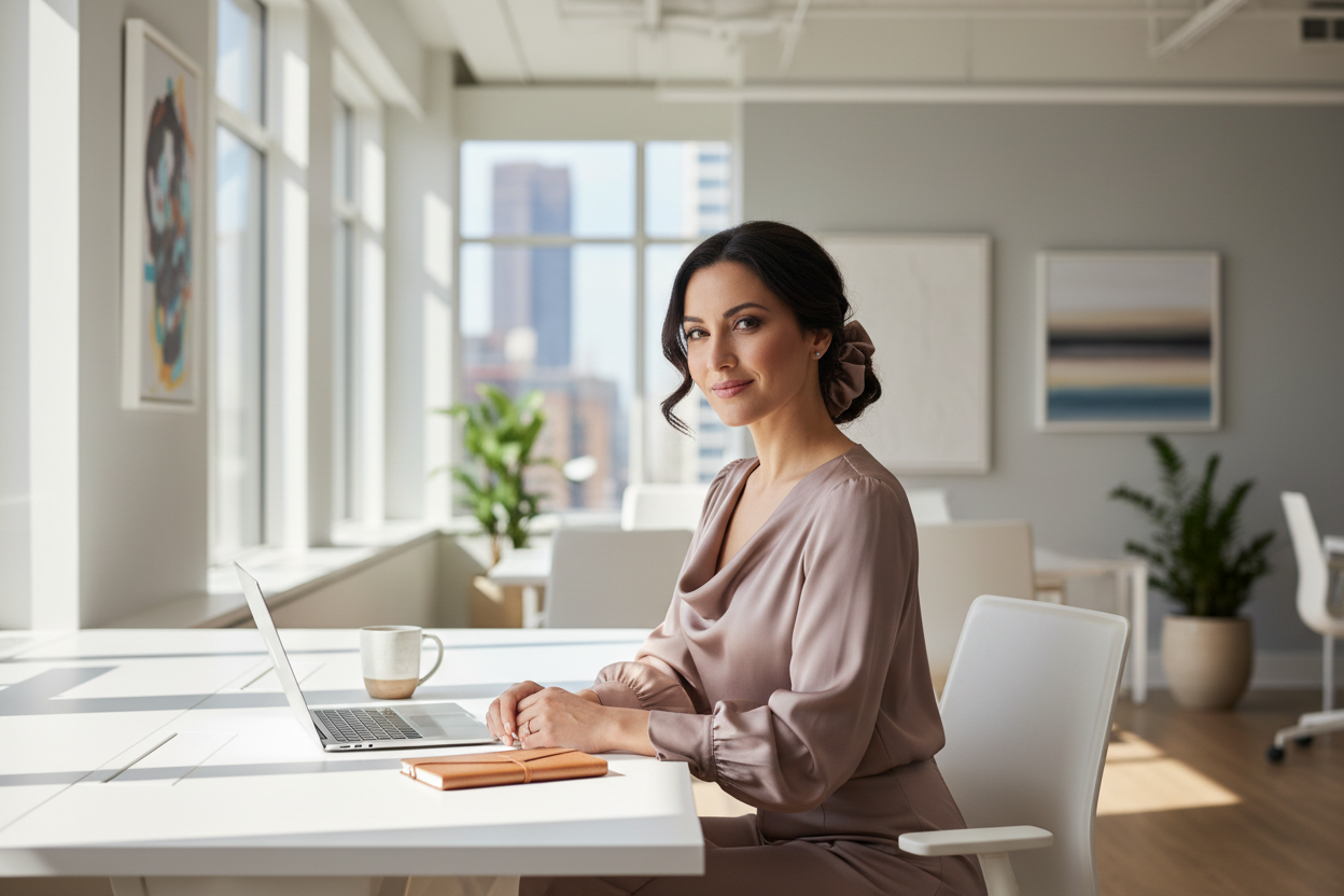Woman wearing #61605b color silk satin scrunchie and #61605b shirt in office