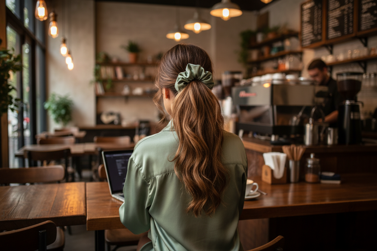 woman wearing #6c9961 color silk satin xxl scrunchie in her hair, #6c9961 shirt as well, background coffee shop