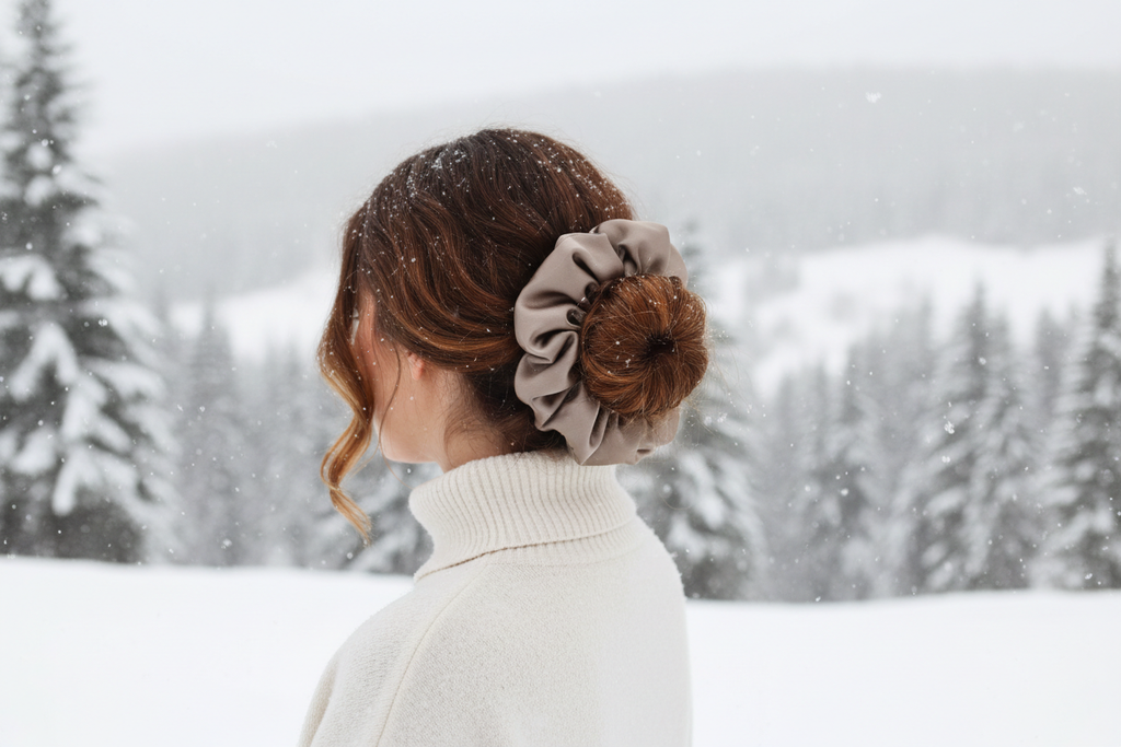woman wearing #76746f color xxl silk satin scrunchie, background snow