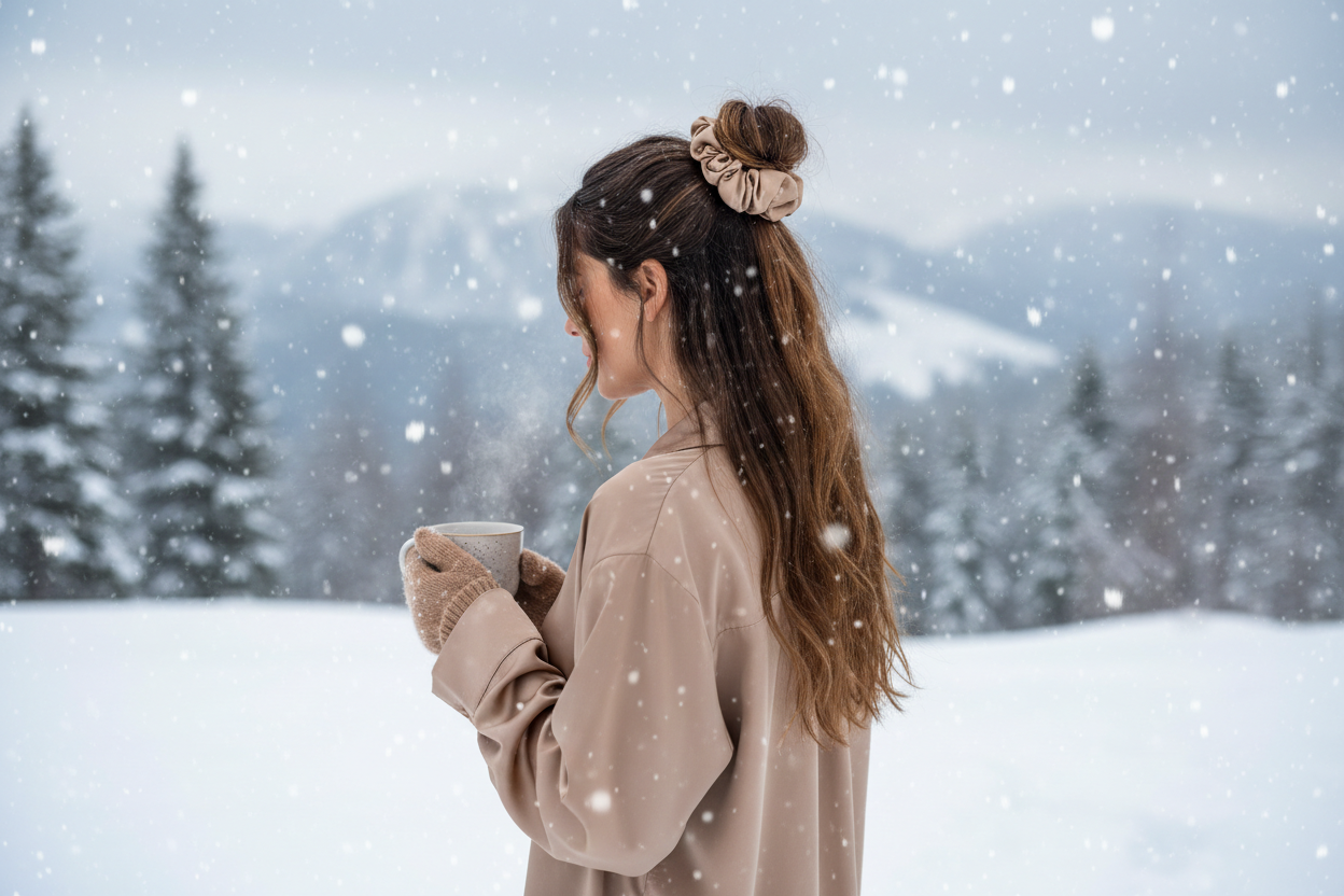 woman wearing #d1ac97 color xxl silk satin scrunchie, #d1ac97 shirt in snow with coffee in hand