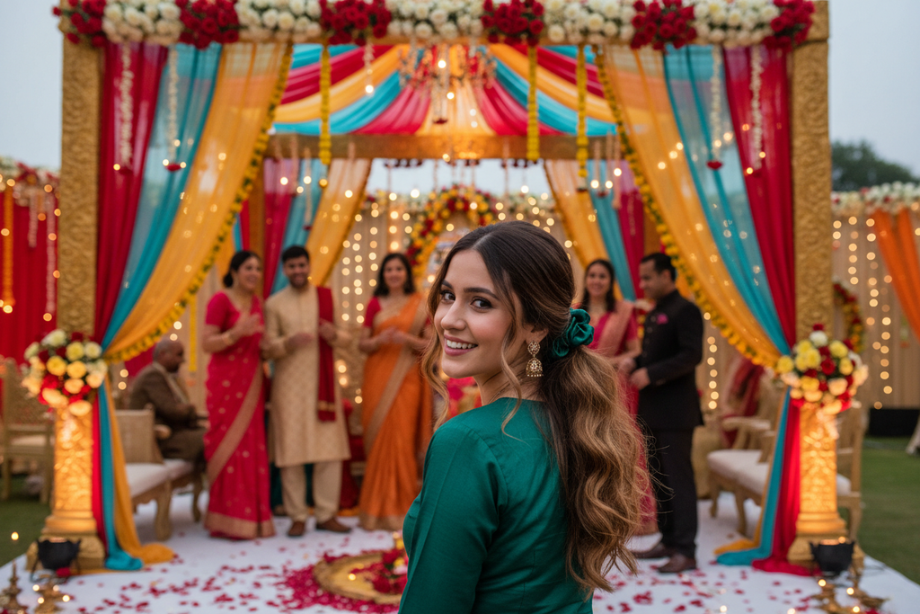 woman wearing dark green silk satin scrunchie, background indian weading 