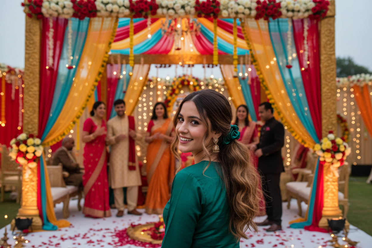 woman wearing dark green silk satin scrunchie, background indian weading 