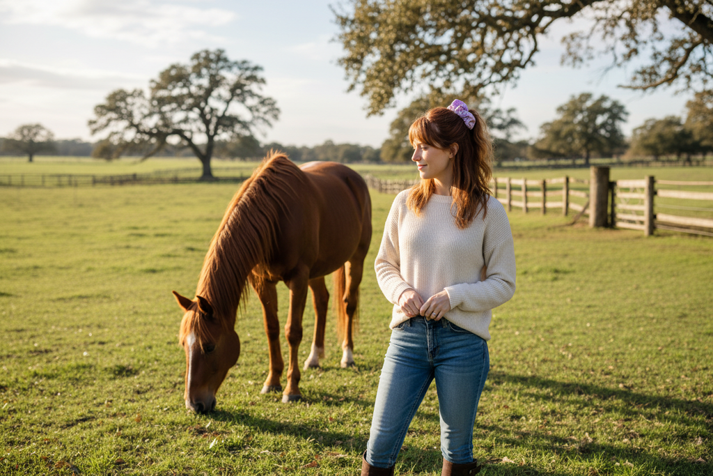 woman wearing light purple scrunchie. background hourse