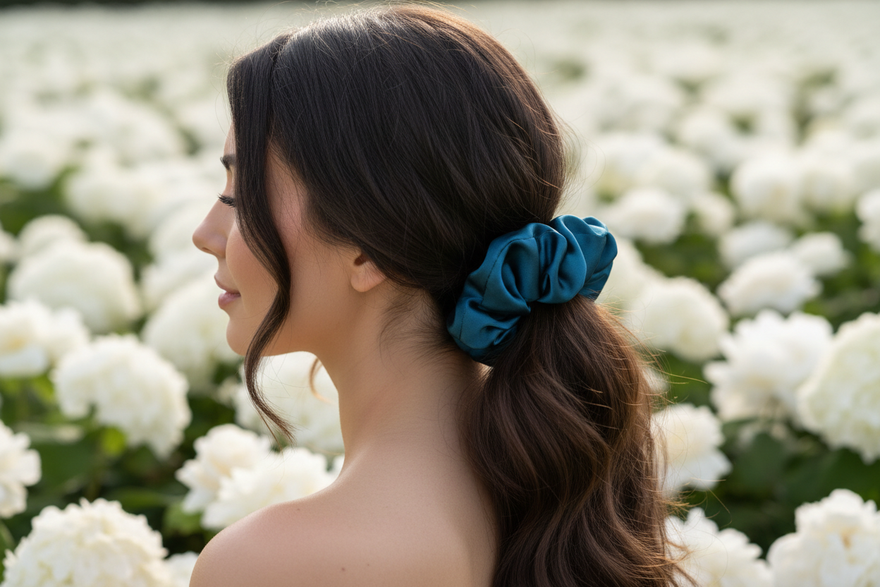 woman wearing XXL silk satin scrunchie. color #20465b, background white flowe farm