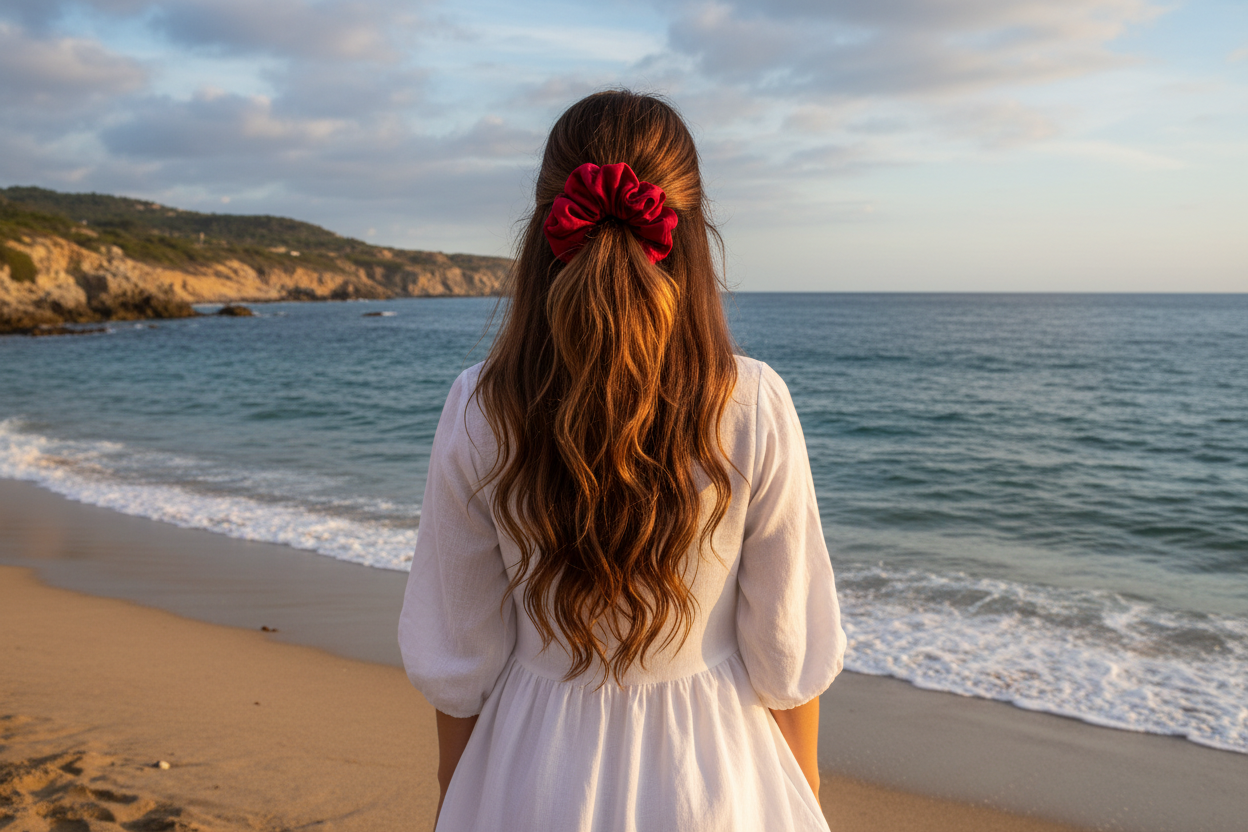 woman with long hair wear xxl red scrunchie. keep background ocean